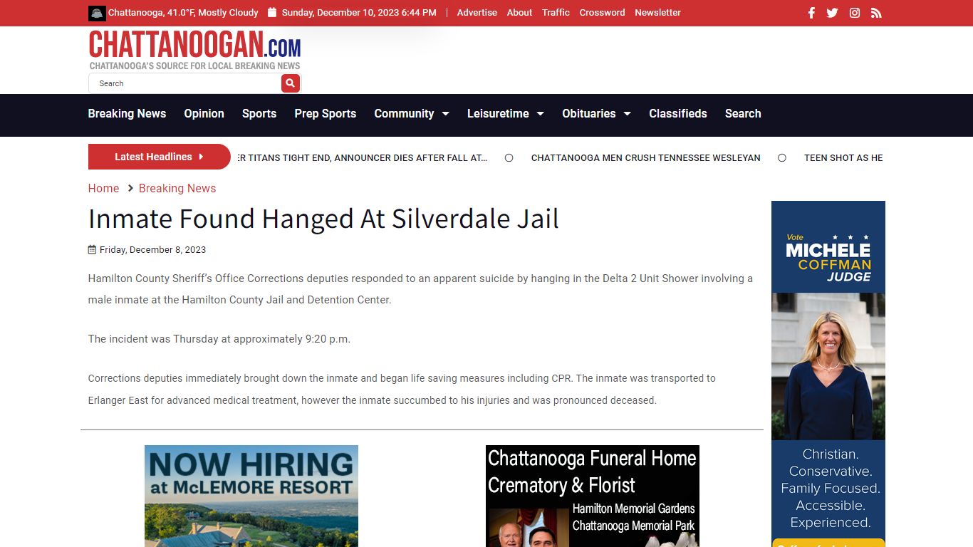 Inmate Found Hanged At Silverdale Jail - Chattanoogan.com
